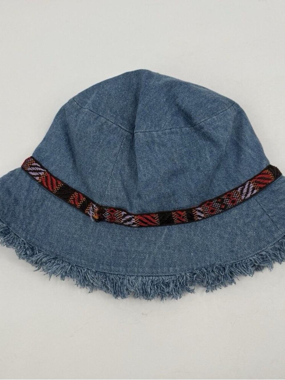 Denim Frayed Brim Bucket Hat with Patterned Band